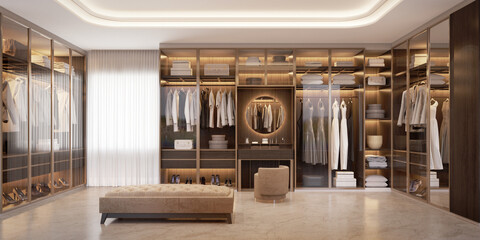 Canvas Print - Panorama of luxury walk in closet interior with wood and gold elements.3d rendering