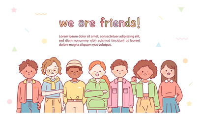 Wall Mural - friends of various races gather. they are looking straight ahead and smiling. flat design style vect