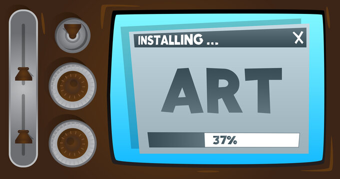 Cartoon Computer With the word Art. Message of a screen displaying an installation window.