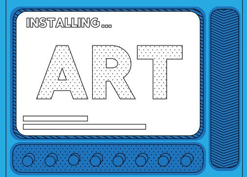 Cartoon Computer With the word Art. Message of a screen displaying an installation window.