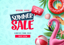 Summer Sale Vector Banner Design. Special Offer Summer Sale Discount Text For Tropical Season Promo Advertising Background. Vector Illustration. 
