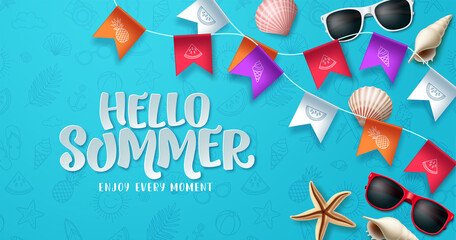 Wall Mural - Hello summer greeting vector design. Summer text in blue space with pennants element decoration for tropical season background. Vector illustration.
