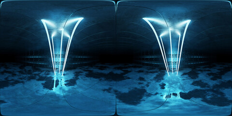 Aufkleber - Cyber neon laser interior Hdri. 360 panoramic view of a garage room hangar with sci fi glowing blue tubes. Vr projection of dark tunnel warehouse with wet cement floor . 3d Rendering