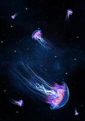 Fototapete - glowing jellyfish swim deep in blue sea cosmos. medusa neon jellyfish fantasy in space cosmos among 