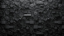 Dark Industrial  Wallpaper. 3d Render Vehicle Parts Pattern. Black Transport  Background With Car Parts, Gear Wheels, Pipes, Heap Of Auto Parts, Wheels. 3d Illustration
