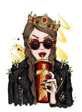 Portrait Of A Beautiful Girl In A Crown. Vector Illustration. Fashion And Style.