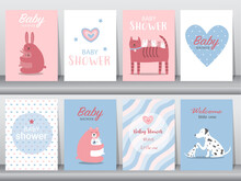 Set Of Baby Shower Invitations Cards,poster,greeting,template,cute,animal,Vector Illustrations.
