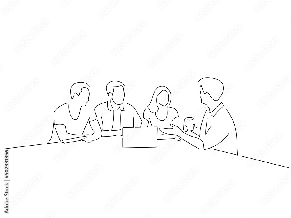 Company work team in line art drawing style. Composition of a group of ...
