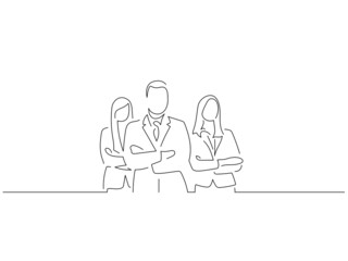 Company work team in line art drawing style. Composition of a group of business people doing their job. Black linear sketch isolated on white background. Vector illustration design.