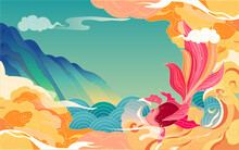 Dragon Boat Race On The Dragon Boat Festival With Clouds And Koi In The Background, Vector Illustration