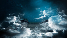 Staircase To The Top. Night Dramatic Scene With Stairs And Clouds. Fantasy Landscape, Mountain, Stairs, Clouds, Moonlight. 