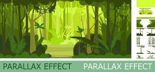 Wall Mural - jungle illustration with parallax effect. view on glade. dense wild-growing tropical plants with tal