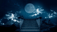 Staircase To The Top. Night Dramatic Scene With Stairs And Clouds. Fantasy Landscape, Mountain, Stairs, Clouds, Moonlight. 3D Illustration.