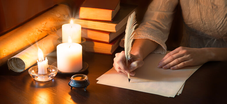 Vintage lady write on wooden table