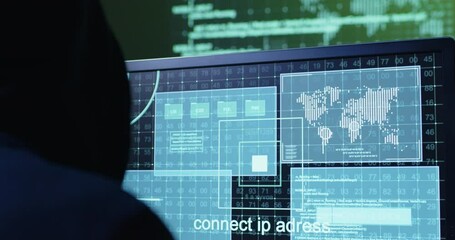 Hacker uses fake IP beginning attack on international data servers in office extreme close view. Cyber crimes danger for global companies