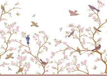 Cherry Blossom Tree, Sakura. With Sparrow, Finches Butterflies And Dragonflies. Seamless Pattern, Background. Vector Illustration In Botanical Style