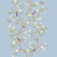 Camellia blossom tree With sparrow, finches, butterflies, dragonflies. Seamless pattern, background. Vector illustration. In botanical style