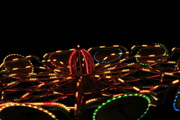 Amusement park with amusement rotating wheel and lights on it.