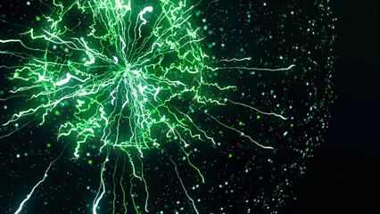Poster - Abstract animation of electrostatic plasma sphere and beautiful zippers on the black background. Animation. Concept for power, electricity, science and physics.