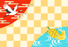 鶴亀と和柄のおめでたいポストカードイラスト横型　市松模様背景