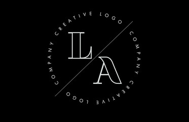 White Outline LA l a letter logo with cut and intersected design and  round frame on a black background.