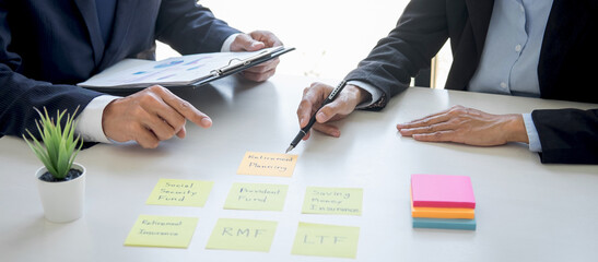 Poster - Business team executive accounting analyzing and calculation on valuation data investment fund looking at report, sticky note paper and having a consultation, Wealth Management and investment concept