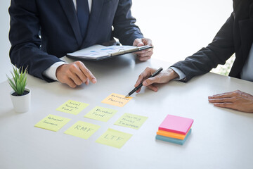 Poster - Business team executive accounting analyzing and calculation on valuation data investment fund looking at report, sticky note paper and having a consultation, Wealth Management and investment concept