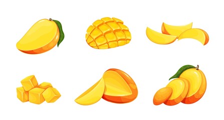 Wall Mural - Red cut mango and ripe pieces, sliced to cubes, mango slices. Dessert tropical fruit vector illustration.
