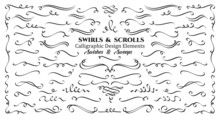 Swirls Or Scrolls, Vintage Flourishes, Stroke And Curls. Swishes, Swashes Or Swoops. Calligraphic Line, Wedding Dividers Text And Calligraphy Ornament Ink Vector Design Elements.