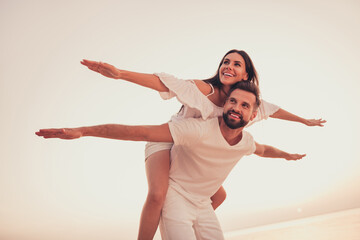 Sticker - Photo of cute adorable husband wife wear white outfits smiling having fun outside country side route