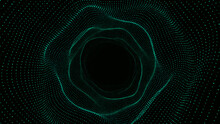 Abstract Dynamic Wireframe Tunnel On Green Background. Deep Wave Wormhole. Futuristic Particle Flow. Vector Illustration.