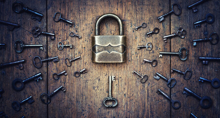 Fototapete - Antique door lock and old keys on a tree. Find your matching key to the lock. Concept and idea on the topic of security, history, protection, guard, secret, preservation, etc. Retro style.