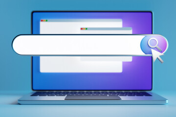 Fototapete - 3D illustration of a laptop with an open browser tab on the screen. Internet search using smartphone.