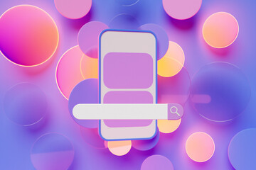Fototapete - 3D illustration of a mobile phone with a search bar on a purple  background with geometric shapes. Internet search using smartphone.