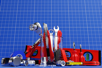 Wall Mural - Construction tool shop service concept. set of all tools for home repair builder on a white background. 3d illustration