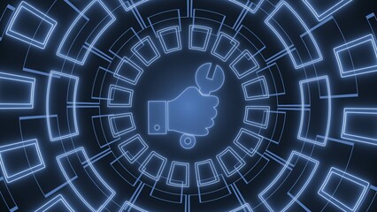Wall Mural - Technology background - Hand with wrench surrounded by arranged in a circle graphic elements in blue - 3D Illustration