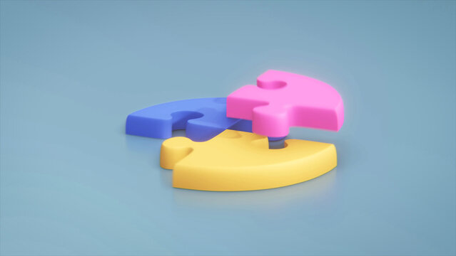 3d illustration of cartoon puzzles forming circle. Concept of puzzle.