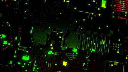 Poster - Abstract technological background. Motion. 3D AI Artificial intelligence in CPU chipset, central processor unit and electric print circuit board with data traffic light.