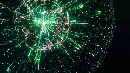 Poster - Abstract animation of electrostatic plasma sphere and beautiful zippers on the black background. Animation. Concept for power, electricity, science and physics.