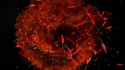 Wall Mural - Super slow motion of rotating chilli peppers isolated on black. Overhead view, filmed on high speed cinema camera, 1000 fps. Ultimate perspective and concept of flying food.