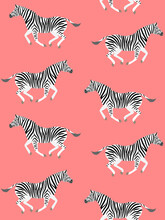 Vector Seamless Pattern Of Hand Drawn Flat Running Zebra Isolated On Pink Background
