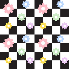 Poster - Vector seamless pattern of flat chess board print with different flowers isolated on white background