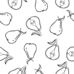 Wall Mural - Hand drawn seamless pattern - Set of sliced pear, pears and leaves. Design elements in sketch style. Perfect for menu, cards, posters, prints, packaging
