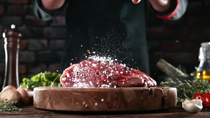 Wall Mural - Super slow motion of falling spices on beef steak. Filmed on high speed cinema camera, 1000 fps.  Meat preparation in kitchen. 