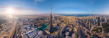 Panoramic Aerial View Of Burj Khalifa And Dubai Skyline, United Arab Emirates.