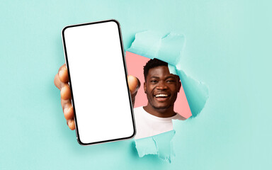 Poster - Black guy showing white empty smartphone screen through torn paper