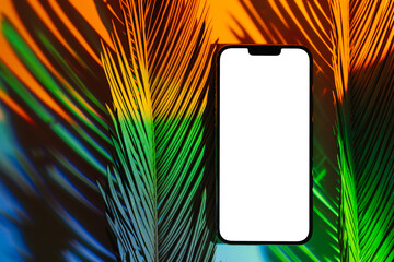 Wall Mural - mockup smartphone with tropical palm leaf on abstract background in neon gradient. mobile phone ith 