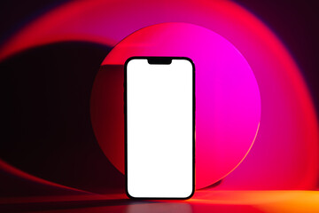 Wall Mural - mockup smartphone with geometric shape on abstract background in neon gradient. mobile phone ith bla