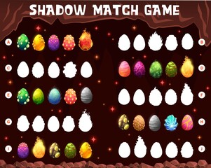 Poster - Cartoon dinosaur eggs in cave, vector shadow match game. Kids puzzle matching riddle or maze worksheet with cave rocks background frame. Find and connect silhouettes of dragon or dino eggs