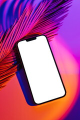 Wall Mural - mockup smartphone with tropical palm leaf on abstract background in neon gradient. mobile phone ith 